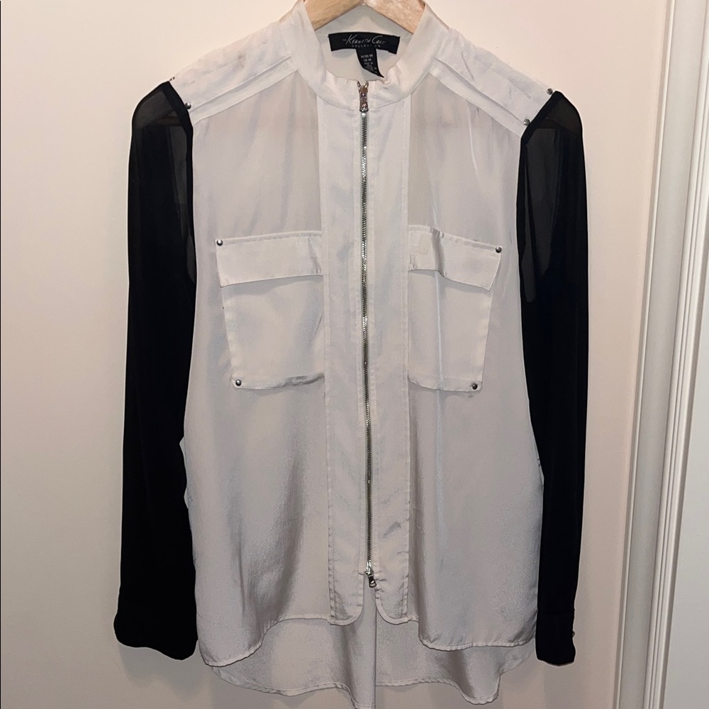 White and Black Sheer Long Sleeve Blouse